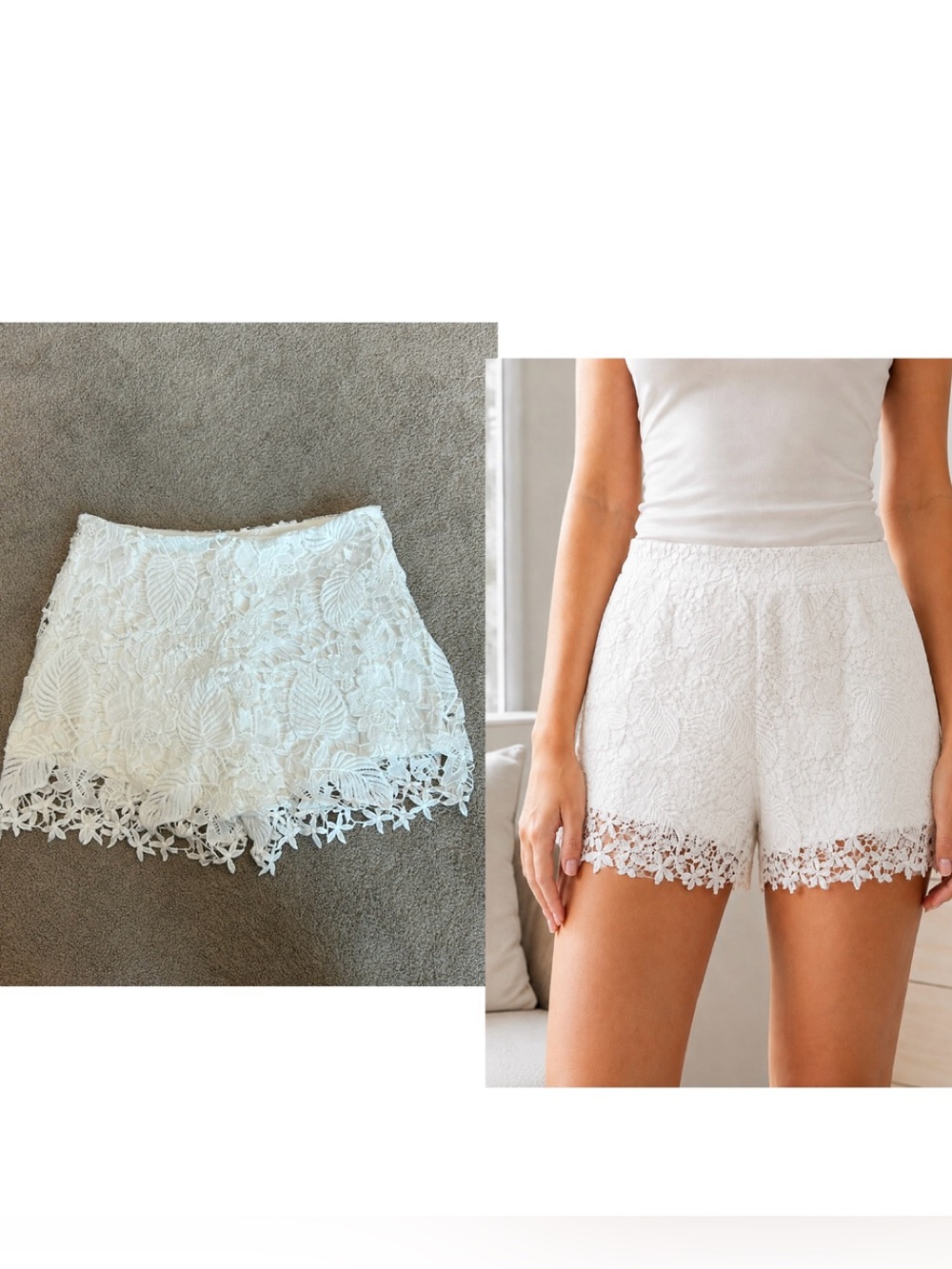 White Floral Crochet Lace Shorts Sz L Scalloped Hem Lined Feminine Summer Resort